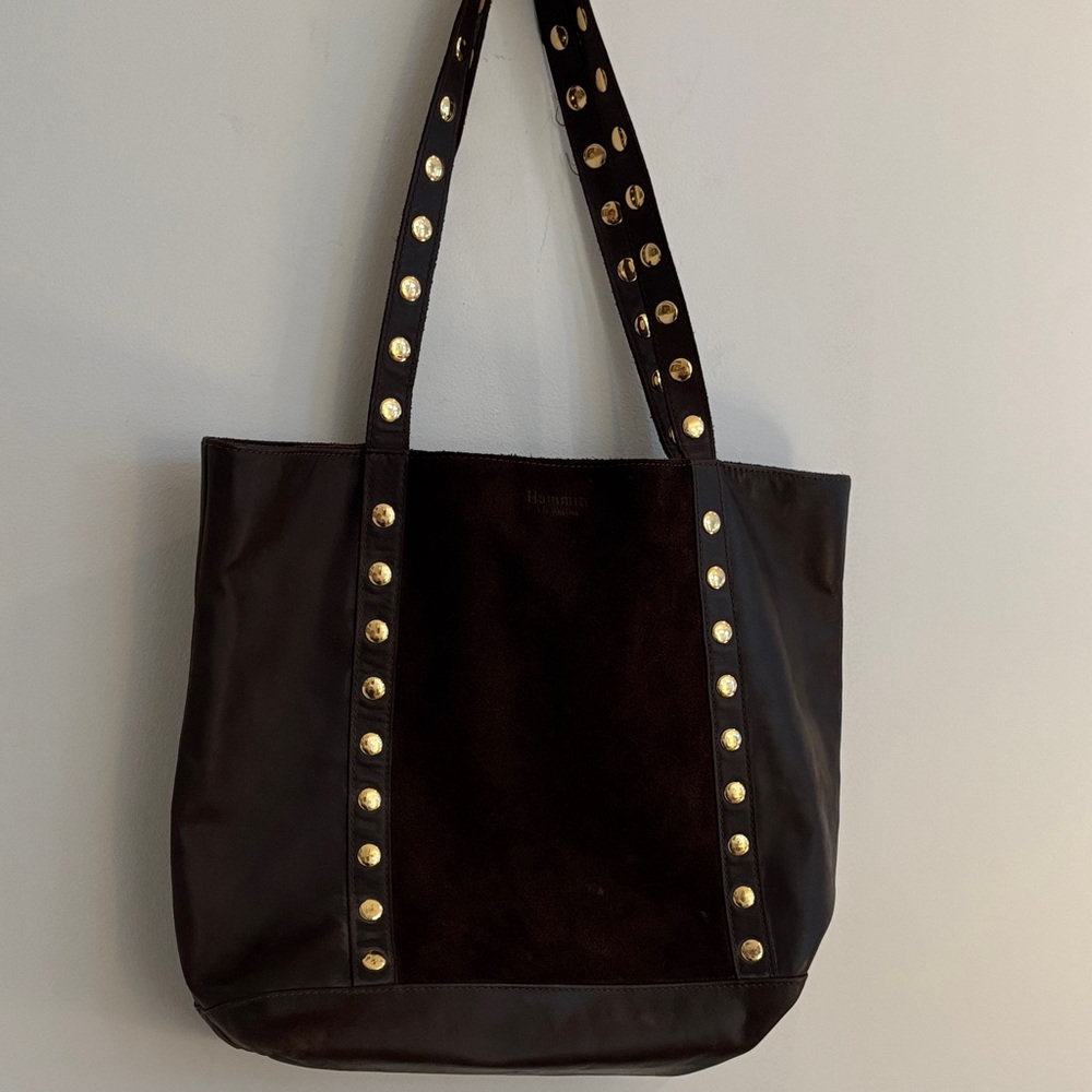 Hammitt butter soft brown leather and suede tote bag with red suede interior